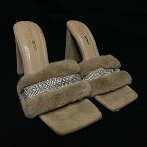 Sweeter Than Honey Mules Rhinestone Fur Heels 👠